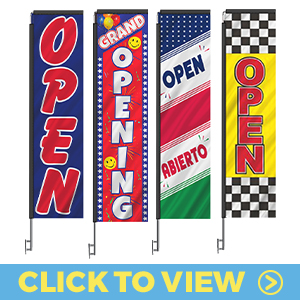 Now Open rectangle flags – vertical banners for new business openings, grand openings, and storefront visibility