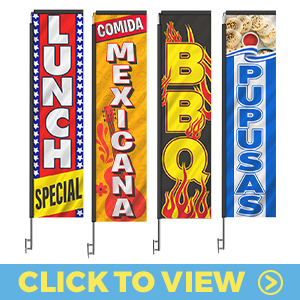 Restaurant rectangle flags – lunch special, BBQ, pupusas, and comida mexicana stock banners