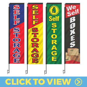 Self storage rectangle flags with red, yellow, and green backgrounds. Designs say “Self Storage” and “We Sell Boxes” for storage businesses