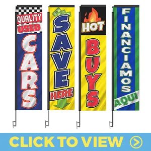 Used car dealer rectangle flags featuring “CARS,” “SAVE HERE,” “HOT BUYS,” and “FINANCIAMOS AQUI” with bold colors and eye-catching graphics.