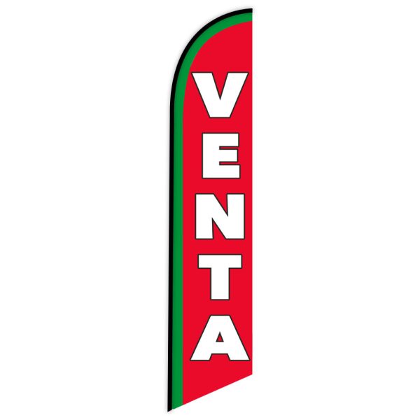 Red "VENTA" feather flag with bold white text and green accent, ideal for outdoor display to advertise sales and promotions in Spanish.