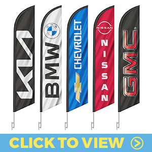 Auto brand feather flags – Kia, BMW, Chevrolet, Nissan, and GMC designs
