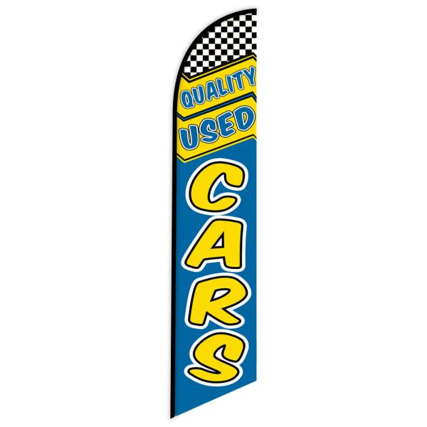 Blue "QUALITY USED CARS" feather flag with yellow text and a checkered top, ideal for promoting used car sales at car dealerships and attracting potential buyers.