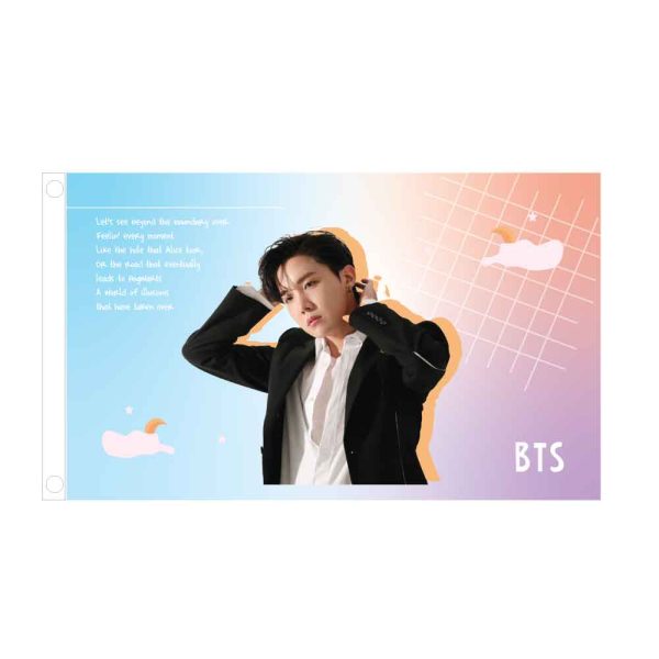 BTS J-Hope Flag – 3x5 ft featuring J-Hope against a pastel aesthetic background with lyrics and BTS logo, perfect for ARMY and K-pop fans.