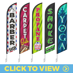 Business feather flags – barber shop, carpet sale, propane sold here, smoke shop, and yoga designs