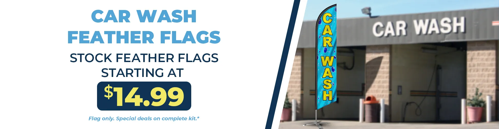 Car wash storefront using stock feather flags for outdoor advertising
