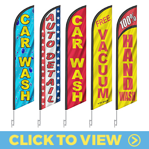 Car wash feather flags – car wash, auto detail, free vacuum, and 100% hand wash designs