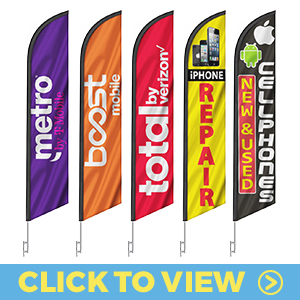 Cell phone dealer feather flags – MetroPCS, Boost Mobile, Total by Verizon, iPhone repair, and new & used cell phones