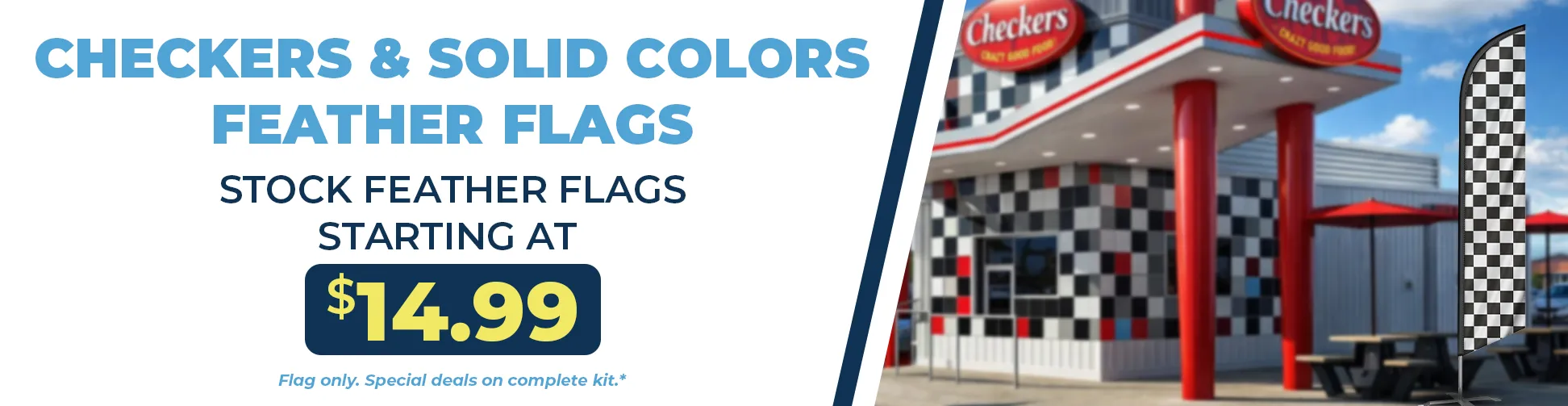 Checkered and solid color feather flags displayed outside a business for outdoor advertising
