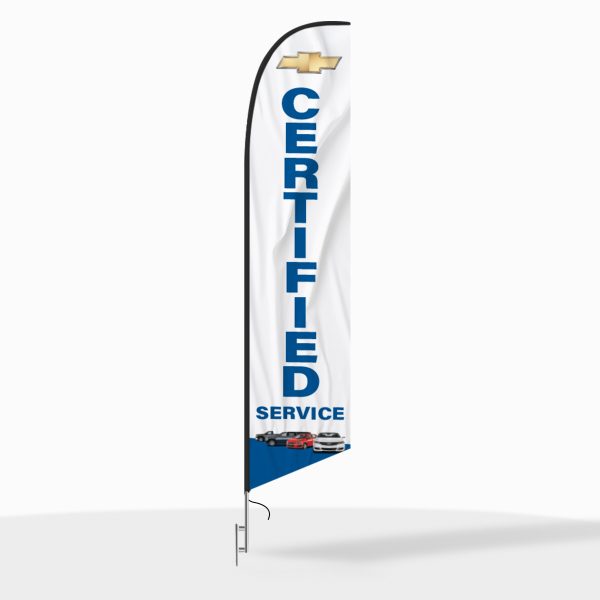 Chevrolet Certified Service feather flag with a white background, blue vertical text, Chevrolet logo, and vehicle graphics, perfect for dealership service centers.