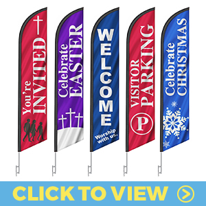 Church feather flags – you're invited, celebrate Easter, welcome worship with us, visitor parking, and celebrate Christmas designs