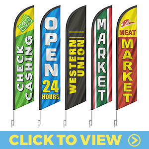 Convenience market feather flags – check cashing, open 24 hours, Western Union, market, and meat market designs