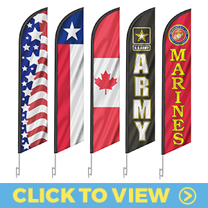 Country and state feather flags – USA flag, Texas flag, Canada flag, U.S. Army, and Marines designs
