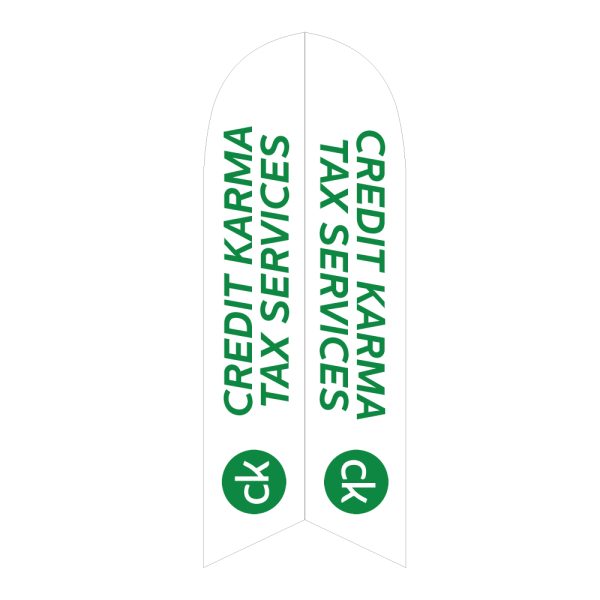 White feather flag with bold green "CREDIT KARMA TAX SERVICES" text and "CK" logo at the bottom, ideal for advertising tax services.