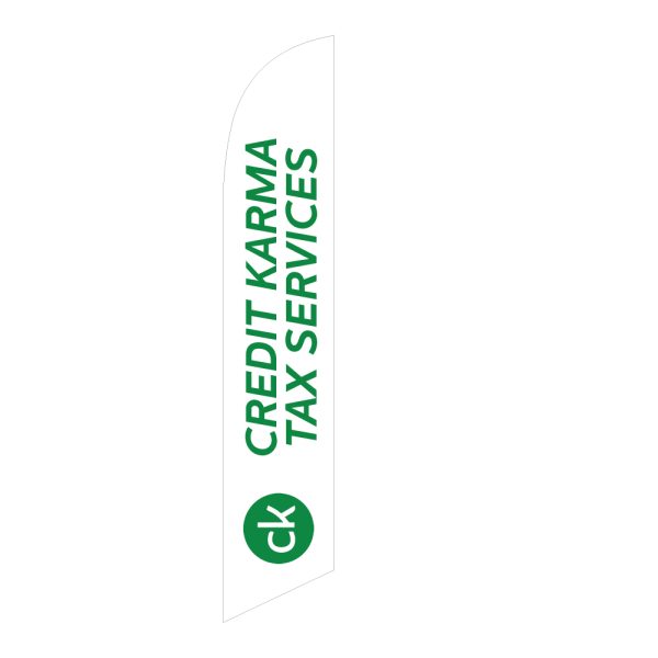 White feather flag with bold green "CREDIT KARMA TAX SERVICES" text and "CK" logo at the bottom, ideal for advertising tax services.