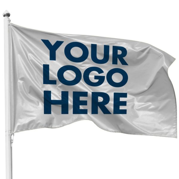A custom 3x5 flag with ‘YOUR LOGO HERE’ in text