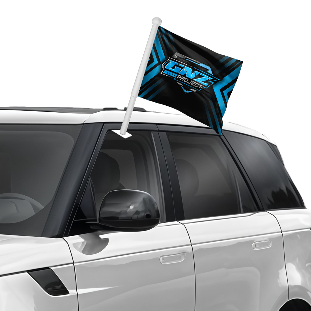 Close-up of custom car flag attached to SUV window using 20-inch pole