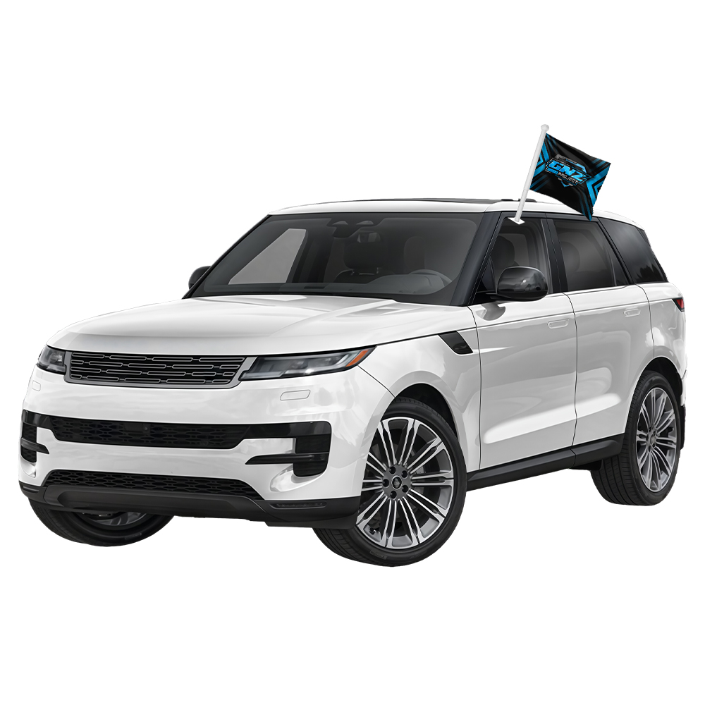 Custom car flag mounted on SUV window with 20-inch pole