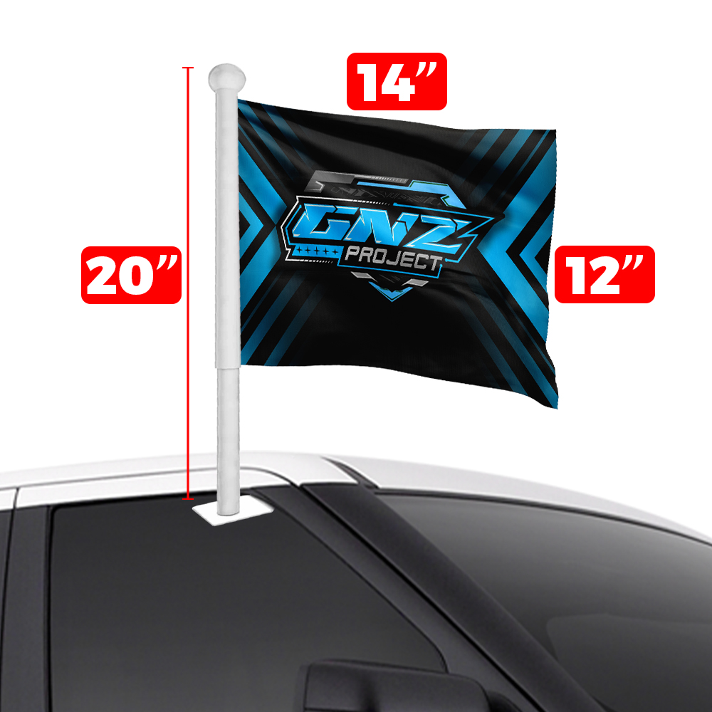 Custom car flag mounted on vehicle window with 20-inch pole and 12x14-inch flag