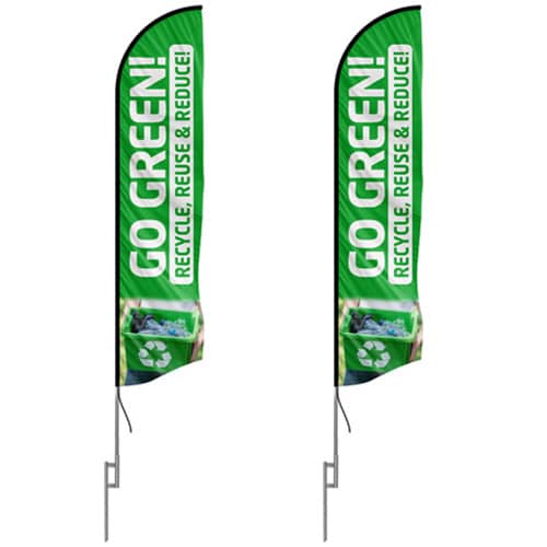 buy one get one 50% off deal custom feather flags - showing two feather flags with pole kit and ground stake