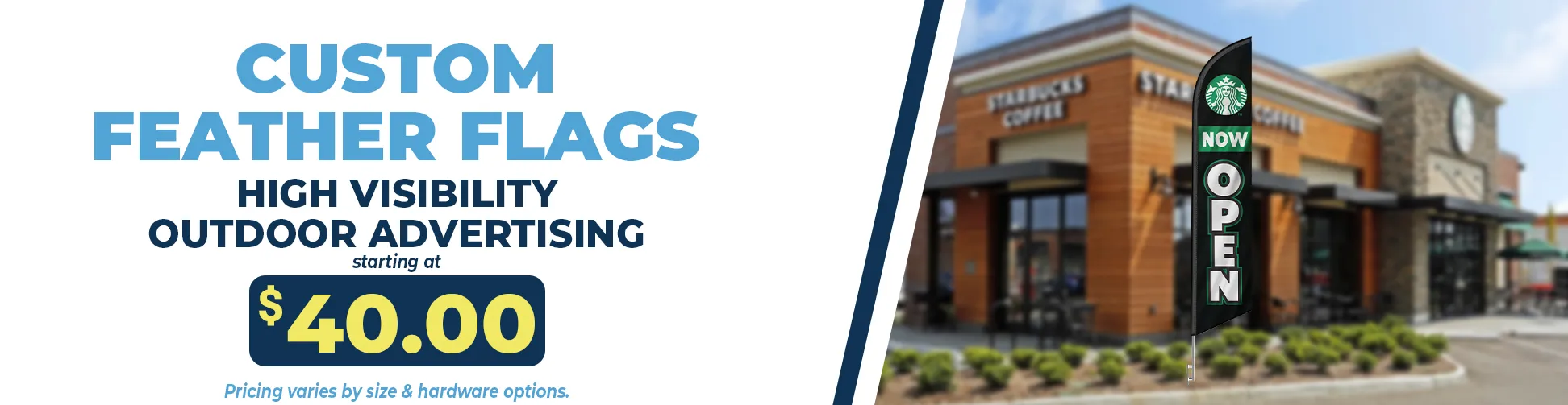 Custom feather flags for outdoor business advertising displayed in front of a storefront