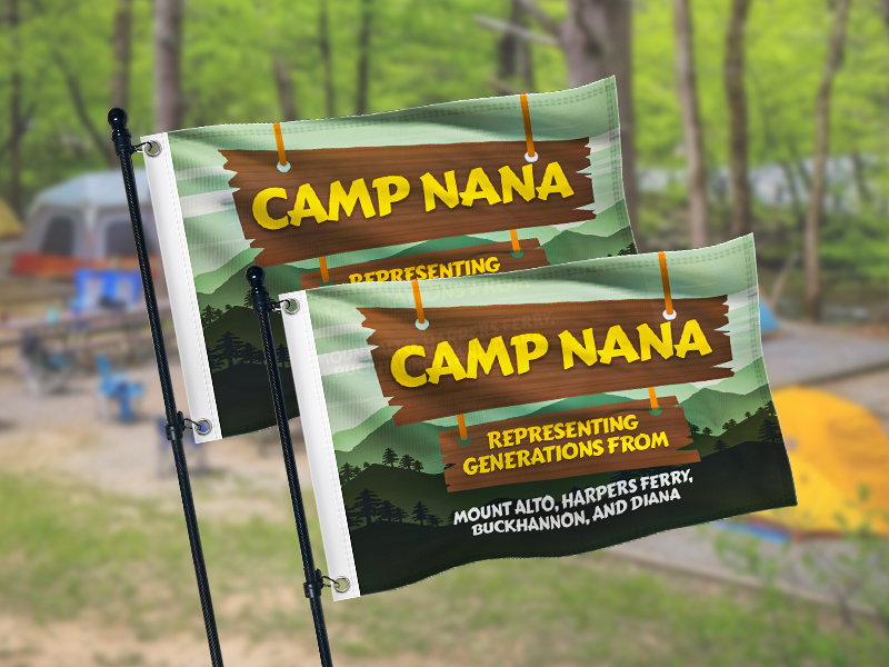 Custom flags displayed outdoors with buy one get one promotion for business advertising