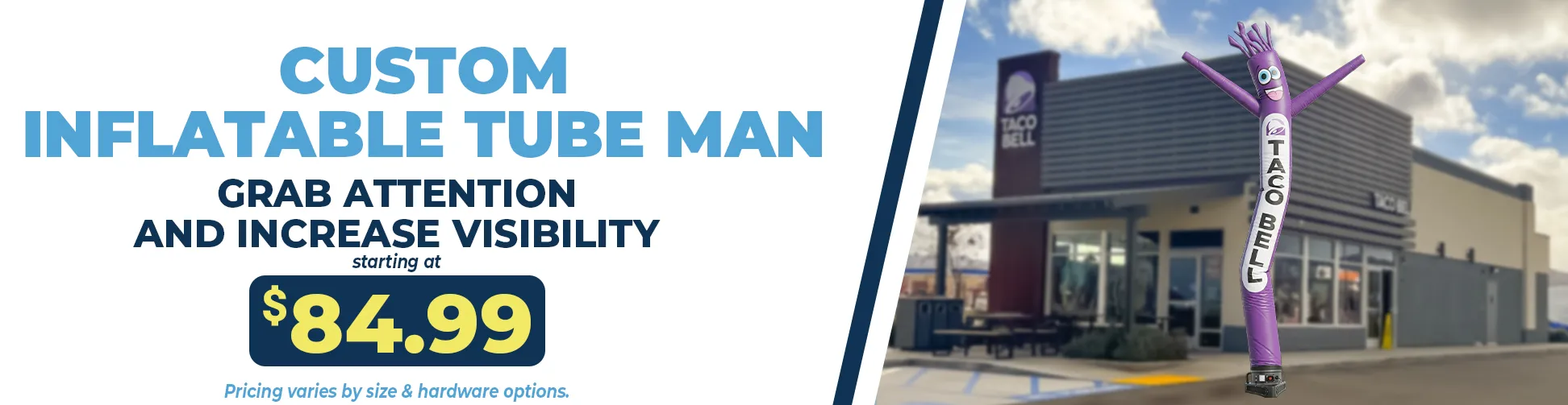 Custom inflatable tube man air dancer advertising in front of restaurant for business visibility