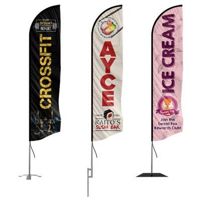 Three customizable feather flags