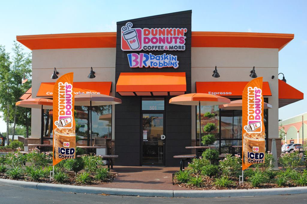Dunkin Donuts Flags outside on patio.