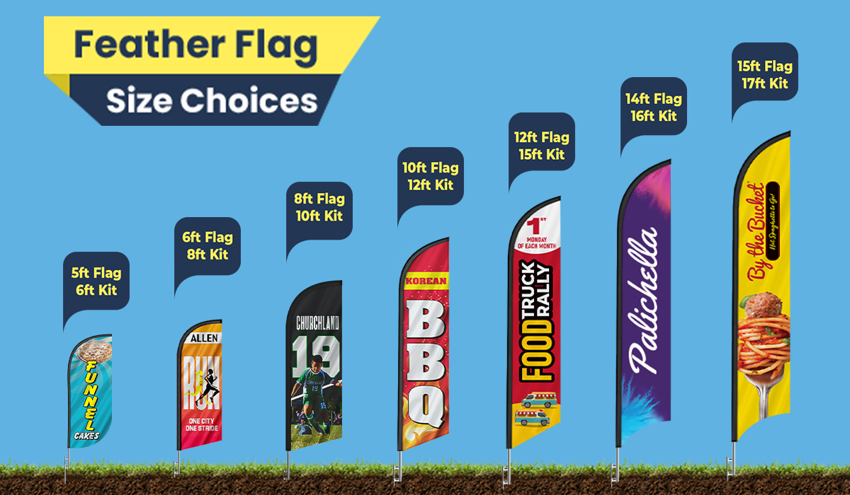 Feather flag size chart showing 5ft, 6ft, 8ft, 10ft, 12ft, and 15ft flag options with corresponding pole kit heights