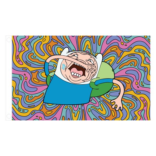 Finn Psychedelic Meme Flag – 3x5 ft featuring Finn from Adventure Time with a distorted, wild face against a colorful, trippy background, perfect for meme lovers and festival fans.