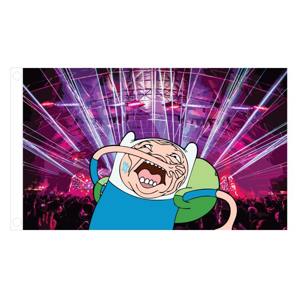 Finn Rave Laser Meme Flag – 3x5 ft featuring Finn from Adventure Time with a distorted, wild face at a neon-lit music festival with lasers, perfect for meme lovers and rave fans.