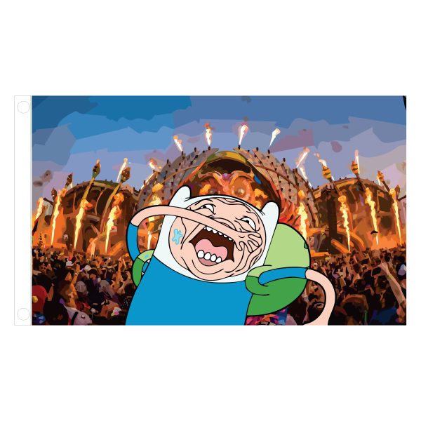 Finn Rave Meme Flag – 3x5 ft featuring Finn from Adventure Time with a distorted, wild face at a music festival with fire effects, perfect for meme lovers and festival fans.