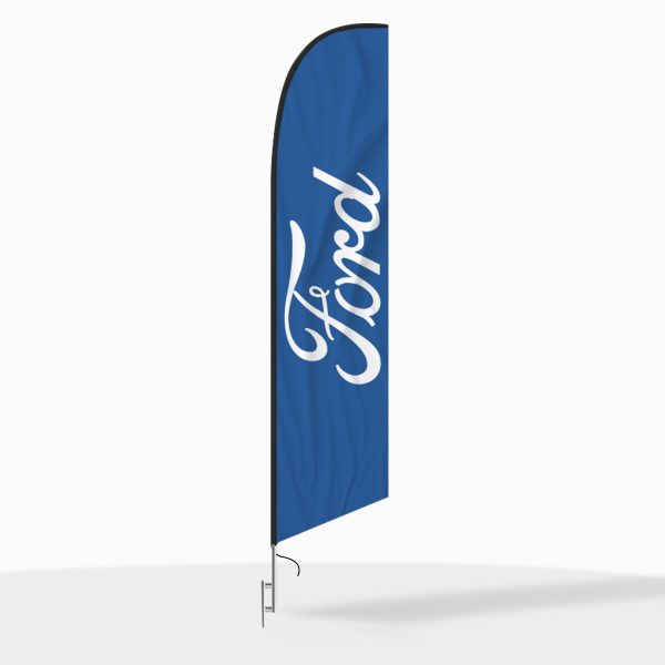 ord Logo feather flag featuring a bold blue background and white Ford script logo, perfect for dealership branding and visibility.