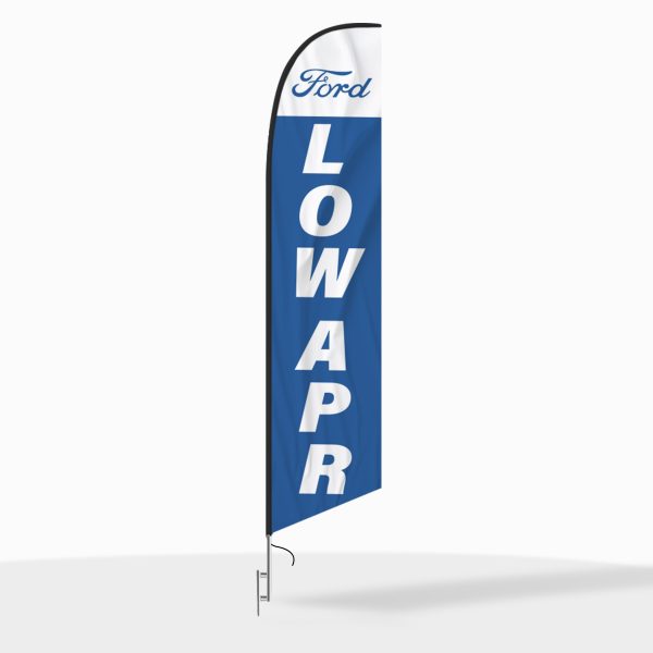 Ford Low APR feather flag featuring a blue background, white vertical text, and Ford logo, designed for dealership financing promotions.