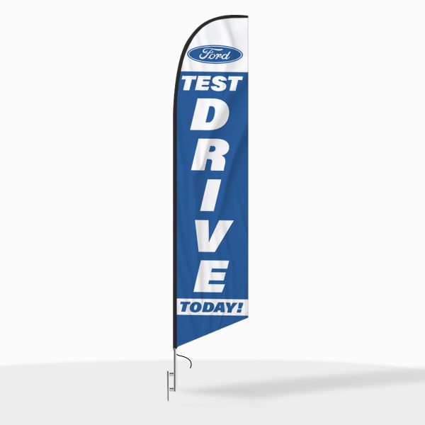 Ford Test Drive Today feather flag featuring a blue background, white vertical text, and Ford logo, perfect for dealership test drive promotions.