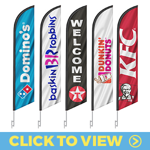 Franchise feather flags – Domino’s, Baskin Robbins, Texaco welcome, Dunkin Donuts, and KFC designs