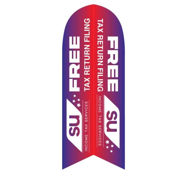 "Free Tax Return Filing" feather flag with bold red and blue gradient design and customizable text for tax services promotion.