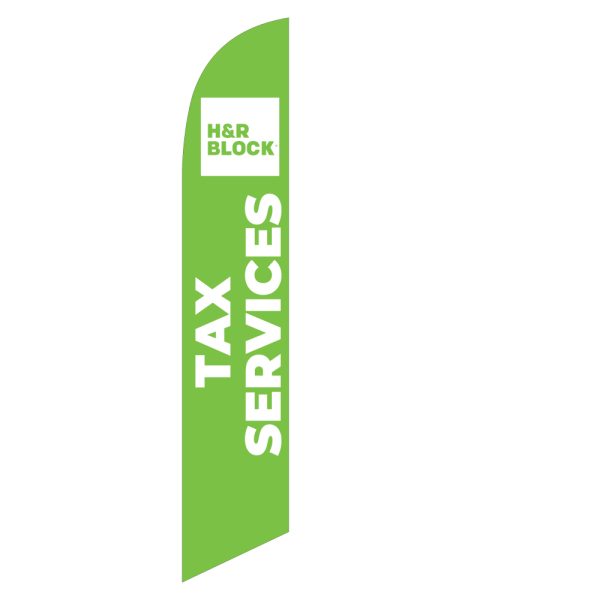 Green H&R Block feather flag with "Tax Services" text and logo, perfect for tax season advertising with high visibility