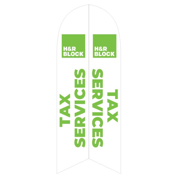 White feather flag with bold green "TAX SERVICES" text and H&R Block logo, designed for promoting tax services effectively.