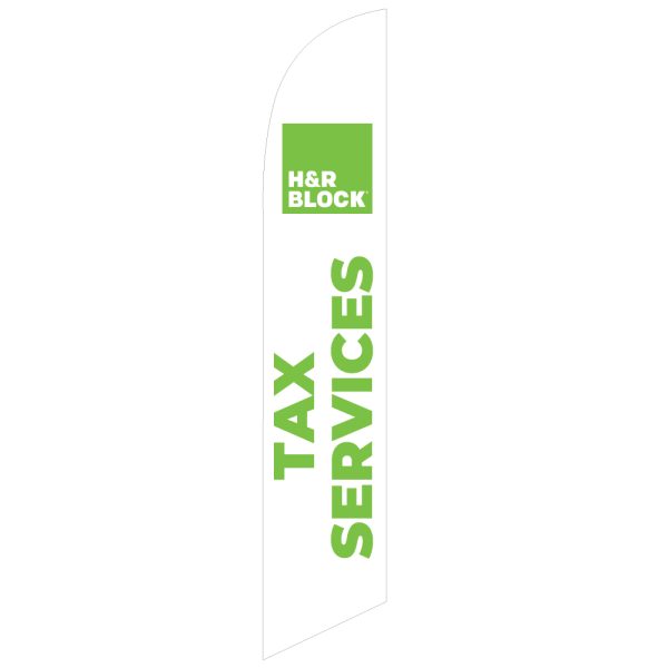 White feather flag with bold green "TAX SERVICES" text and H&R Block logo, designed for promoting tax services effectively.