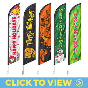 Holiday feather flags – happy holidays, happy Halloween, and Merry Christmas designs