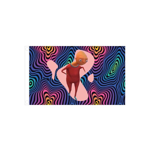 Horace Dancing Meme Flag – 3x5 ft featuring the surreal, orange humanoid Horace dancing against a colorful, wavy psychedelic background, perfect for meme lovers.