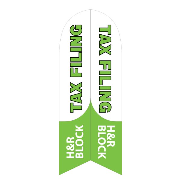 H&R Block feather flag with "Tax Filing" text in green and white, designed for promoting tax services effectively.