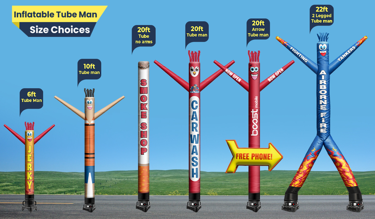 Inflatable tube man size chart showing air dancer options from 6ft to 22ft including arrow and two leg styles