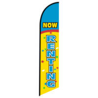 Now renting blue and yellow feather flag