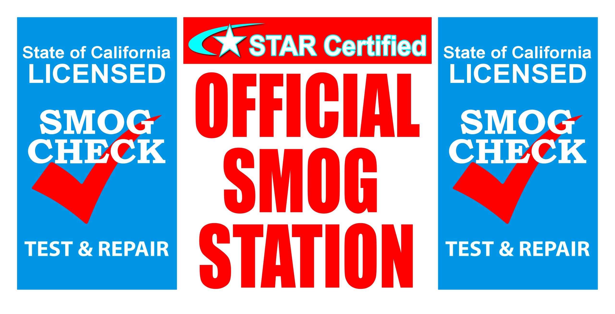 Official STAR Certified Smog Station vinyl banner with red center text and blue California licensed smog check panels