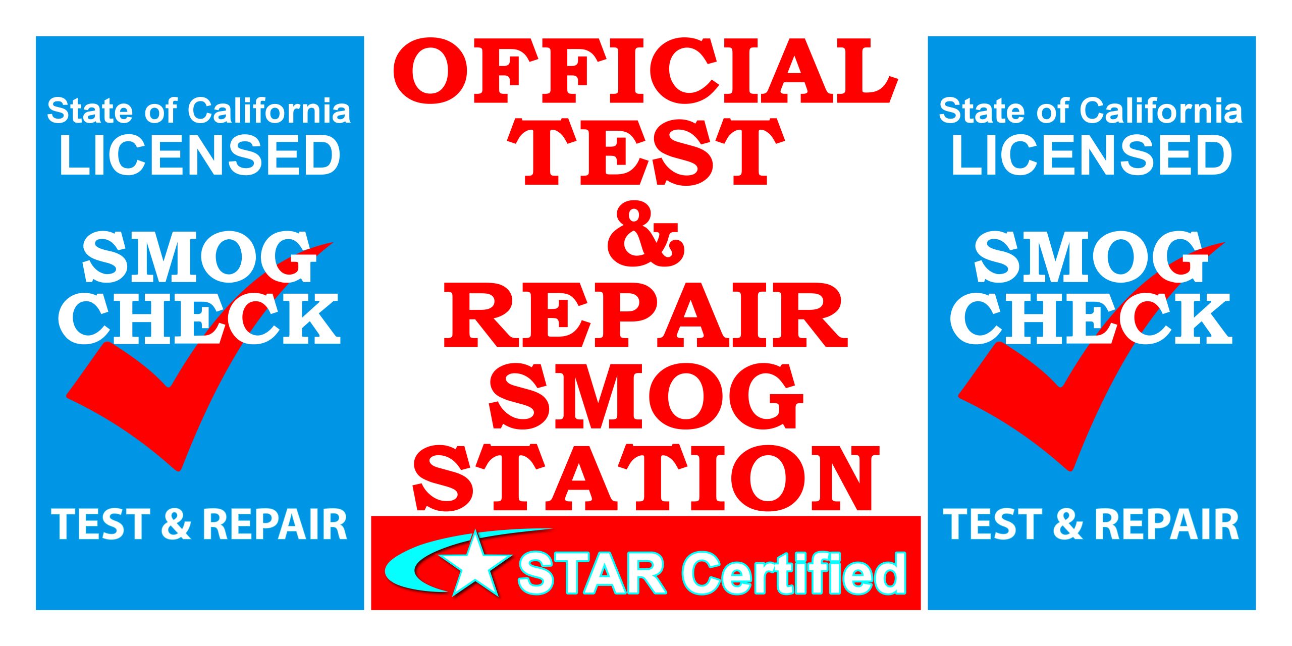 Official Test and Repair STAR Certified Smog Station vinyl banner in red, white, and blue with licensed smog check panels