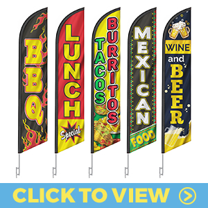 Restaurant and food feather flags – BBQ, lunch, tacos, burritos, and Mexican food designs