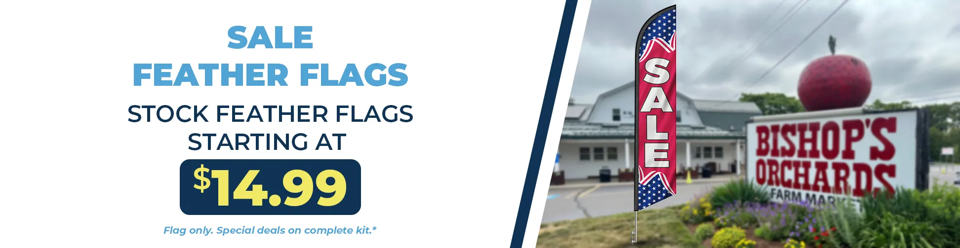 Sale feather flags in stock for storefront promotions, retail advertising, and walk-in traffic